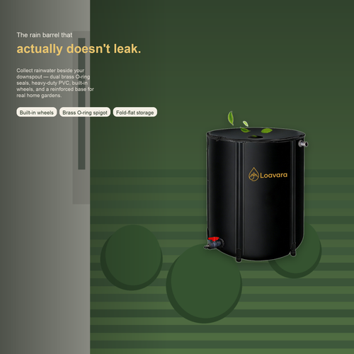 Loavara rain barrel beside a home downspout in a tended backyard garden — leak-proof rainwater collection