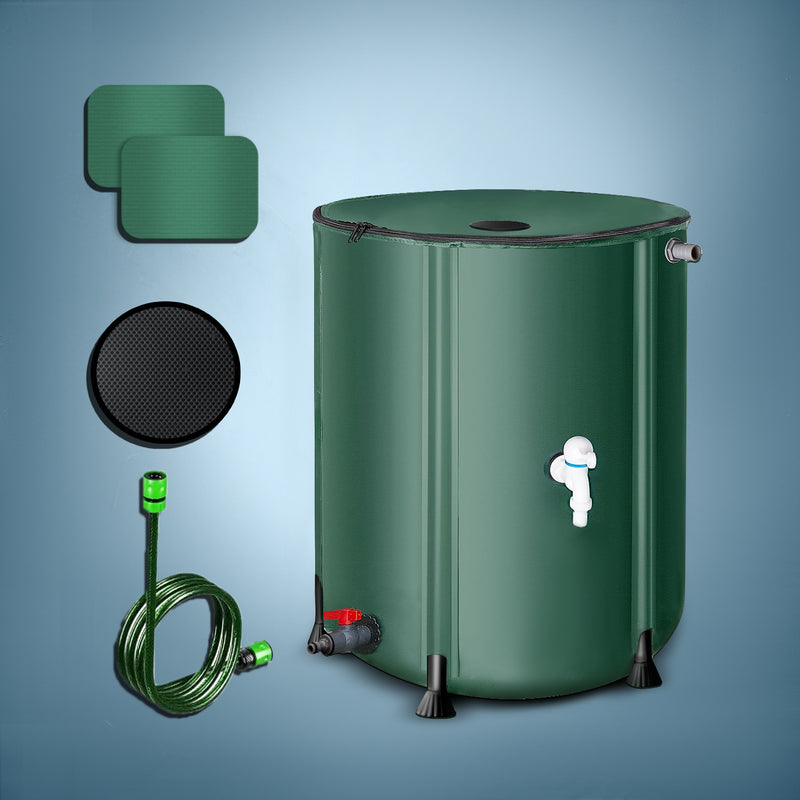 Collapsible rain barrel — brass spigot and tie-down detail
